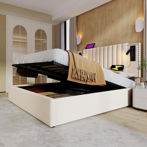 Kayan Polsterbett 180x200cm, Boxspringbett mit hydraulisches Bettkasten, Bett mit Lattenrost, Leselicht mit USB Ladefunktion Kopfteil, Stauraumbett Doppelbett Jugendbett (Beige, 180x200cm)