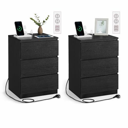VASAGLE Kailyn Kollektion - Nachttisch mit Steckdosenleiste, 2er Set, Beistelltisch, 3 Schubladen, 2 AC-Steckdosen, 2 USB-A-Anschlüsse, modern, ebenholzschwarz LET831B56