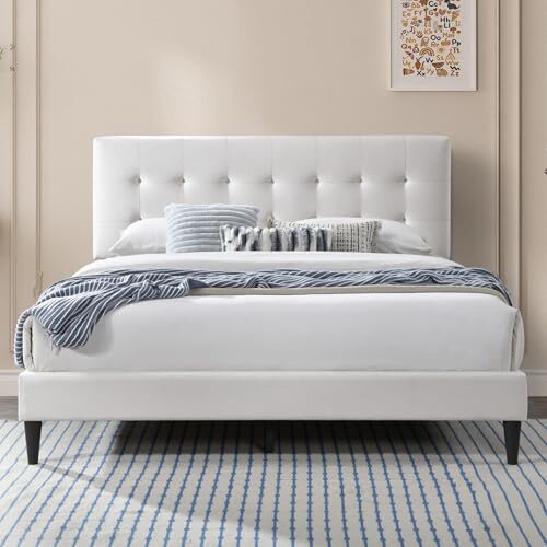 Home Collective Bett 160x200 cm Polsterbett mit Lattenrost Bettgestell Doppelbett mit weichem Bezug und gepolstertem Kopfteil mit Kassettensteppung robustes Gestell hoher Liegekomfort Beige 160x200 cm