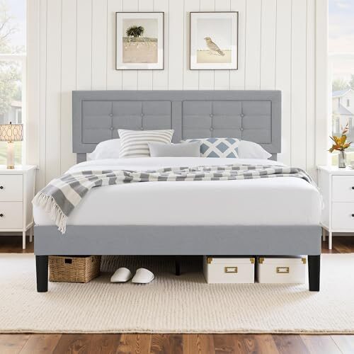 VECELO Polsterbett 140 x 200 cm, Doppelbett mit Höhenverstellbarem Kopfteil, Bett Bettrahmen mit Lattenrost, Gepolstertes Bettgestell Jugendbett für Schlafzimmer Gästezimmer, Hellgrau