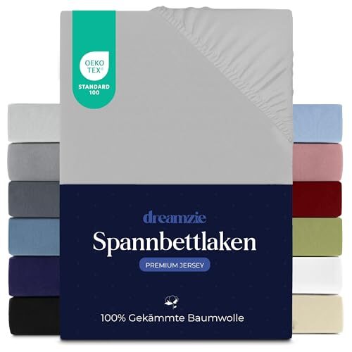 Dreamzie Premium Spannbettlaken 90x200 cm, Spannbetttuch für Dicke Matratzen bis zu 22 cm, Bettlaken 100% Jersey Baumwolle, 150 g/m², Oeko-TEX Zertifiziert - Grau