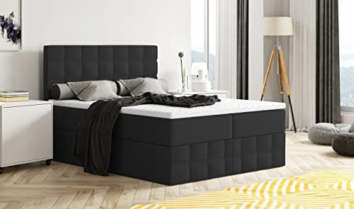 Generisch Moderne Boxspringbett MERA Premium Bett mit Bettkasten Ziernähten Bonell Matratze H3 Federkern Topper Polsterbett Doppelbett Schlafzimmer (Schwarz - Aura 18, 140 x 200)