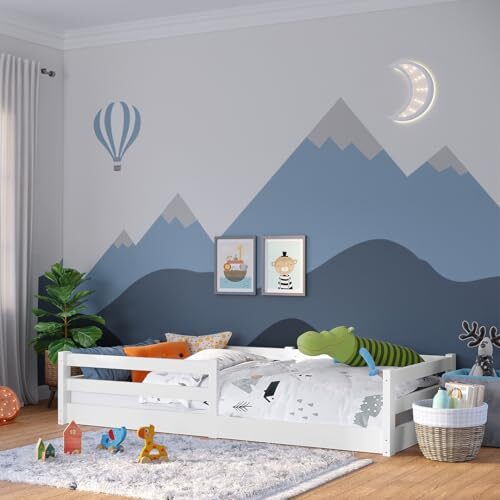 Bellabino Iskri Bodenbett 90x200 cm – Montessori Kinderbett mit Rausfallschutz & Lattenrost – Holzbett für Jungen & Mädchen aus Kiefer Massivholz in Weiß – Kleinkindbett