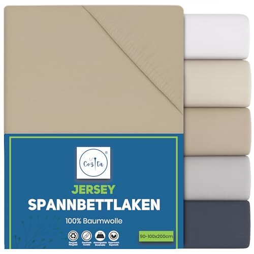 Cozita Basics Spannbettlaken 90x200cm - 100% Baumwoll Jersey Bettlaken, Öko-Tex Zertifiziert, bis 25 cm Matratzenhöhe – Beige