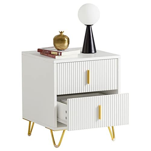 SoBuy Nachttisch, Nachtschrank mit 2 Schubladen, Moderner Beistelltisch für Schlafzimmer, Weiß B40 x T40 x H47 cm FBT115-W