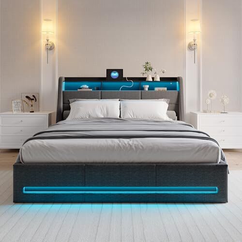 BRYXR Polsterbett 160x200 cm mit LED-Kopfteil, Doppelbett mit USB und Lattenrost, Hydraulischem Stauraum und Metallrahmen, Jugendbett, Leinenstoff Grau (Ohne Matratze)
