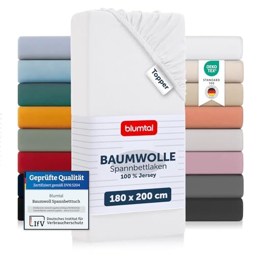 Blumtal® Basics Spannbettlaken Topper 180x200cmJersey - Bettlaken 180x200cm aus 100% Baumwolle - Oeko-TEX zertifiziertes Spannbetttuch 180x200 - Topper Spannleintuch 180x200 - Betttuch - Weiß