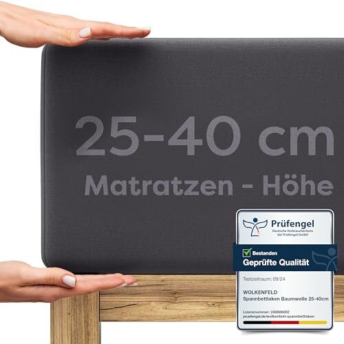 Wolkenfeld Spannbettlaken 200x220cm – 220x240cm – Premium Jersey Baumwolle mit 5% Lycra – Faltenfreies Bettlaken für hohe Matratzen bis 40 cm – Atmungsaktiv & Oeko-TEX Zertifiziert – Anthrazit