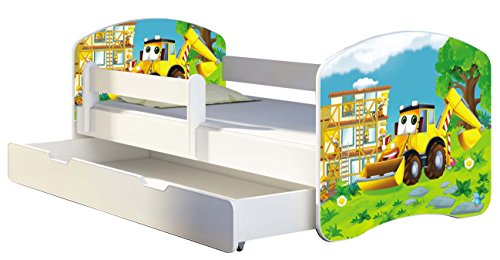 Kinderbett Jugendbett mit einer Schublade und Matratze Weiß ACMA II 140 160 180 40 Design (140x70 cm + Bettkasten, 20 Bagger)