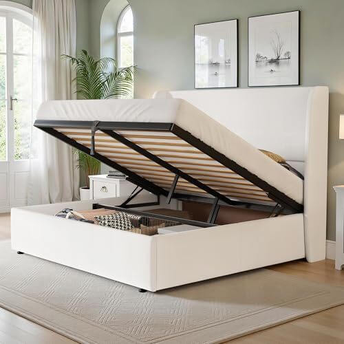 LUXOAK Polsterbett mit Gaslift-Stauraum, Flügel-Kopfteil für bequemen Halt, Massivholzlatten für ruhigen Schlaf, schnelle Montage, bezogen mit Leinenstoff (Weiß, 140 x 200 cm)
