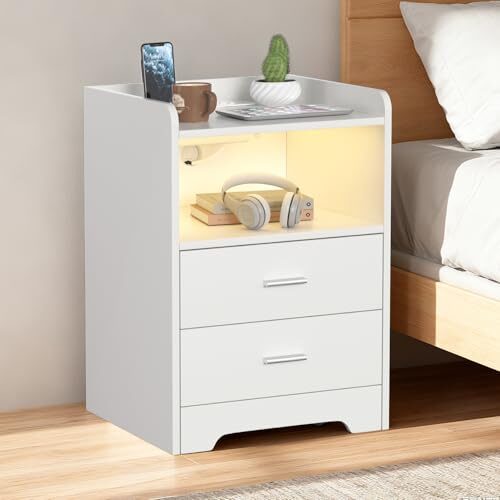 Vkechh Nachttisch mit LED-Beleuchtung und Ladestation,Moderner Nachtschrank mit 2 Schubladen & USB-Anschlüssen, Stauraum für Schlafzimmer & Wohnzimmer, Weiß
