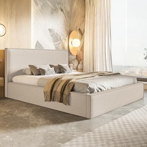 MOTIVENA Boho Bett 180x200 Beige Boucle, mit Stauraum, mit Kopfteil, mit Lattenrost, ohne Füße, ohne Matratze, Polsterbett 180x200 mit Bettkasten Beige (Creme)