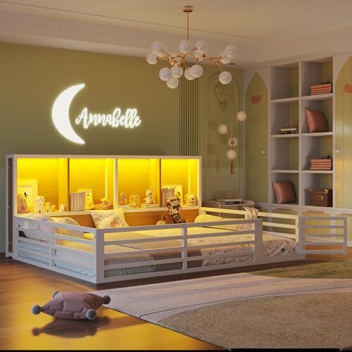 Kinderbett Bodenbett 140x200, Hausbett mit Rausfallschutz&Lattenrost, Montessori Bett mit 4 Staufächer&LED-Beleuchtung&Tür, Doppelbett Gitterbett Metallbett Bettgestell Spielbett, Ohne Matratze, Weiß