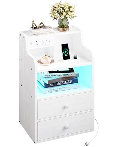 IRONCK Nachttisch LED mit Steckdose und Ladefunktion, Beistelltisch Holz, Nachtschrank mit 2 AC, 1 USB& 1 Type-C Anschlüsse, Sofatisch mit 2 Schubladen, Nachtkästchen Wohnzimmer,Schlafzimmer, Weiß