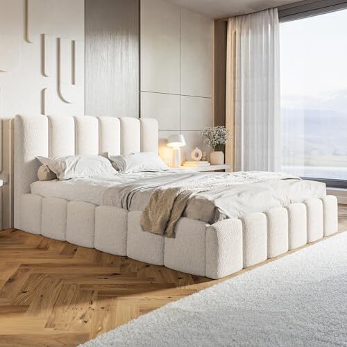 MOTIVENA Polsterbett 180x200 mit Bettkasten und Stauraum - Boucle Stoff, Lattenrost, Kopfteil, Weiß (Milch)