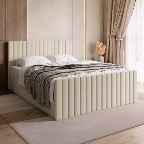 BROMARKT Boxspringbett mit Matratze Bett 180x200 Beige Doppelbett mit Topper Boxbett mit Stauraum Polsterbett mit Bettkasten Kopfteil Dream Duo Härtegrad H3