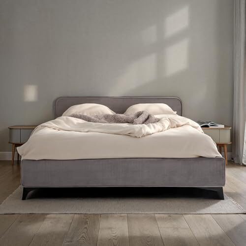 IDIMEX Polsterbett LAVORO Einzelbett 140x200, grau - Bett mit Lattenrost und Samtstoffbezug, Bettgestell mit gepolstertem Kopfteil, modernes Design, Robuster Holzrahmen & Metallbeine