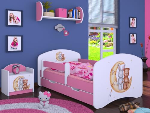 Happy Babies Kinderbett - mit Rausfallschutz Junge 140x70 Bett für Kinderzimmer mit Schublade & Matratze Einzelbett für Kinder Weiß/Rosa Hase Teddybär (Rosa)