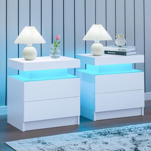 Cubehom Nachttisch 2er Set Weiß Beistelltisch mit LED Modern Nachtschrank mit 2 Schubladen für Wohnzimmer, Schlafzimmer