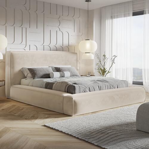 MOTIVENA Space Bubble Bett 180x200 Beige Samt, mit Stauraum, mit Kopfteil, mit Lattenrost, ohne Füße, ohne Matratze, Bubble Polsterbett 180x200 mit Bettkasten Beige (Creme)