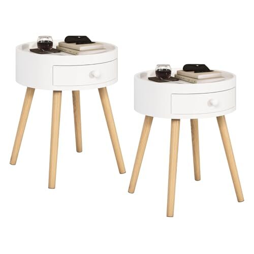 WOLTU Nachttisch 2er Set Beistelltisch Nachtkommode Nachtschrank Sofatisch, mit Schublade, mit Beinen, Holz, MDF, Weiß, TS111ws-2