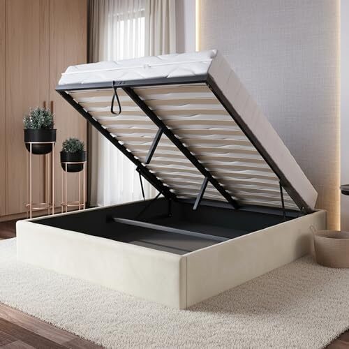 Home Collective Polsterbett, 120x200/140x200/160x200 Stauraumbett, Schlafzimmerbett, Bett mit Stauraum Lattenrost Metallrahmen Samtpolsterung Doppelbett platzsparend ohne Kopfteil 120x200 cm | Beige