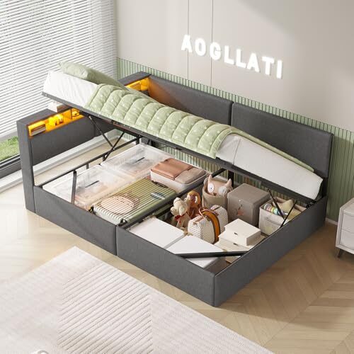 AOGLLATI Polsterbett Schlafsofa 140x200 mit USB-Steckdosen & hydraulischem Stauraum, Betten 140x200 mit LED-Kopfteil & Lattenrost, Kinderbett Tagesbett, Doppelbett, Leinen, Dunkelgrau (ohne Matratze)