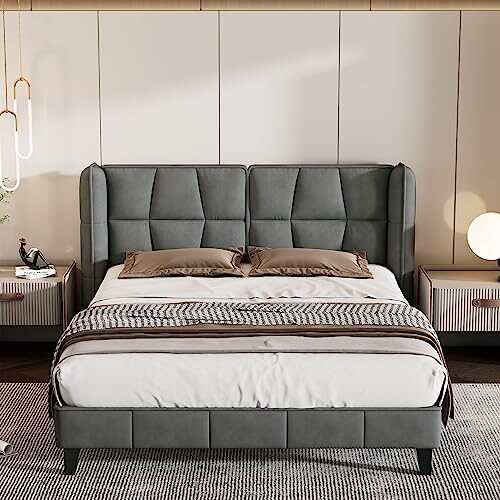 Merax Polsterbett 140x200cm, Bett mit Lattenrost und Kopfteil für Jugend, Erwachsene, Samt, Grau (Ohne Matratze)