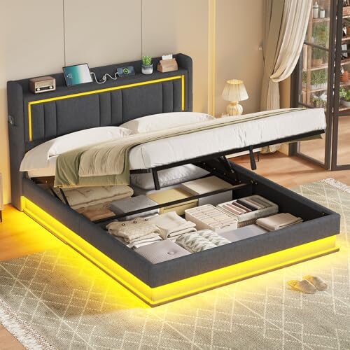 Bett mit LED Beleuchtung, Hydraulisches Bett 160x200 cm, Polsterbett, Kopfteil mit Stauraum, Ladestation, Bettgestell mit Lattenrost, Schwebender visueller Effekt, Schlafzimmer, Leinenstoff grau