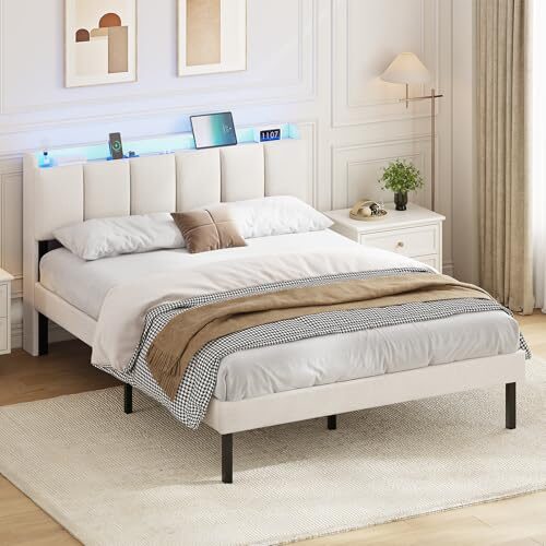 AOGLLATI Polsterbett 140 x 200 cm, Bettrahmen mit LED-Beleuchtung und Ladestation, Bettgestell mit Lattenrost, Jugendbett, Doppelbett mit Kopfteil aus Leinenstoff, Beige Leinen(140x200 cm)