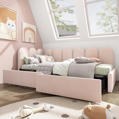 Merax Polsterbett 90x200cm mit Schubladen, Tagesbett Einzelbett mit Lattenrost aus Holz, Funktionsbett Stauraumbett, Schlafsofa als Jugendbett & Kinderbett & Gästebett, Samt, Ohne Matratze, Rosa