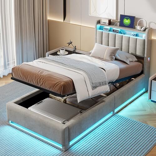 Einzelbett mit Stauraum 90x200,Polsterbett Mit Led und Usb Hydraulische Stauraumbett Bett Mit Lattenrost und Kopfteil Jugendbett mit Stauraum Betten 90x200 ,Samt,ohne Matratze (Grau-A, 90x200cm)