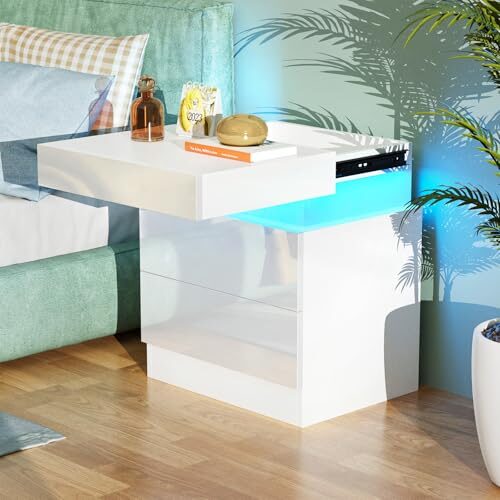 Lvhcmfohm Nachttisch Weiß mit Led Licht, Nachtschrank, Nachtkommode mit 2 Schubladen und Schränke mit Klappdeckel (45x35x52cm)