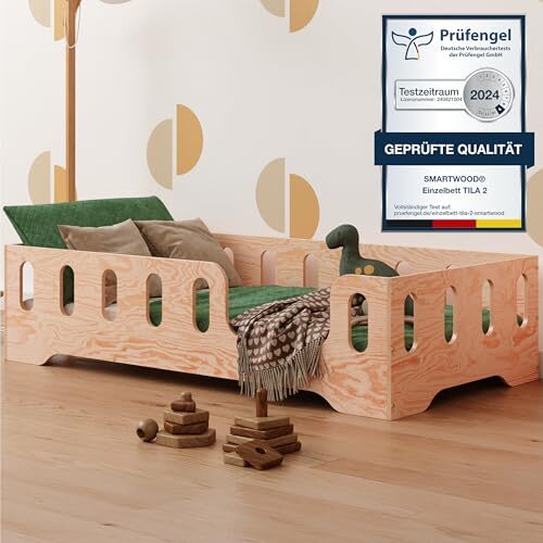smartwood Bodenbett 80x160 Montessori Kinderbett aus Holz mit FSC-Zertifikat TILA 2P mit Rausfallschutz & Lattenrost bis 230kg belastbar - Einfache Montage
