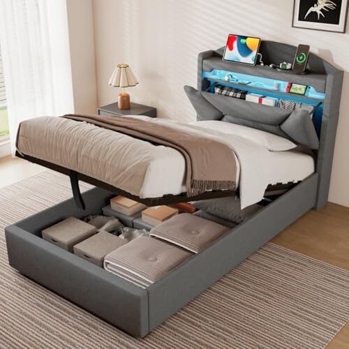 ZUUYEE Polsterbett Einzelbett 90x200 cm mit LED, USB C, Hydraulische Bett Kinderbett mit Stauraum und Kopfteil, Bettgestell mit Metallrahmen Bettkasten und Lattenrost, Leinen, Grau, Ohne Matratze