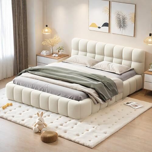 YGHQAP Polsterbett Bubble Bett 140x200cm Doppelbett mit Lattenrost und weicher Rückenlehne Jugendbett Flachbett Bettgestell, Leinen, ohne Matratze (Beige, 140 * 200)