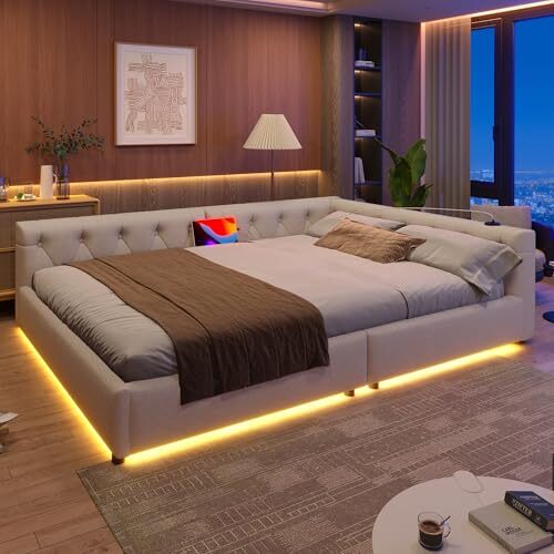 Gegtuon Schlafsofa Doppelbett Polsterbett 140x200 mit LED-Licht, USB-Bett Sofabett mit Stauraum Schubladen und Kopfteil, Tagesbett Jugendbett Bettgestell mit Lattenrost, ohne Matratze, Leinen, Beige