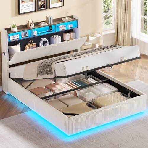 AOGLLATI Hydraulisches Stauraumbett mit LED Beleuchtung und Steckdosen,Polsterbett mit Stauraum Kopfteil Jugendbett Betten mit HolzLattenrost & USB-Ladefunktion,Ohne Matratze (Beige Cord, 140x200cm)