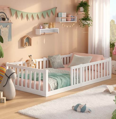 ALAVYA HOME® Titan Bodenbett 90x200 mit Rausfallschutz und Lattenrost - Kinderbett 90x200 aus Buchenholz FSC® zertifizert mit 2 Jahre Garantie - Montessori Kinder Bett in Weiß - Exklusives Buchenholz