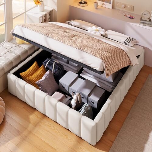 RIAZOS Polsterbett Doppelbett 140x200 cm, Plattformbett, Hydraulik Stauraumbett, Jugendbett Erwachsenenbett, Bettgestell ohne Kopfteil, Beige