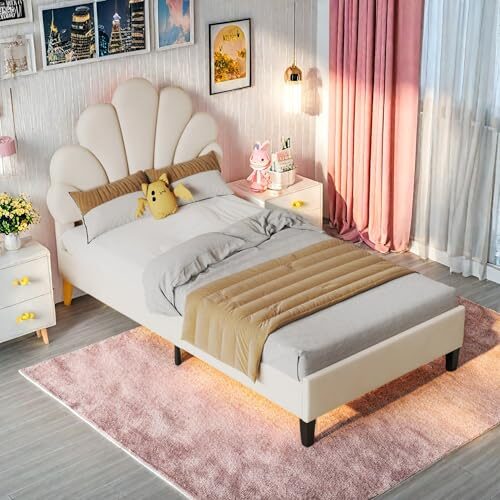 FEEOHOME Kinderbett, 90 x 200 cm, Prinzessinnenbett, Bettrahmen mit floralem Kopfteil und Lattenrost, gepolstertes Bett aus Samt für Kinder, Jugendliche (beige)
