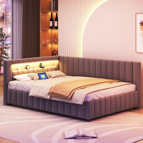 KEYIDE Polsterbett Schlafsofa 140x200 mit LED-Beleuchtung und Aufladen USB, Bettgestell mit Lattenrost aus Holz, Daybett Tagesbett Gästebett Jugendbett, Samtstoff, Ohne Matratze (Grau, 140 x 200)