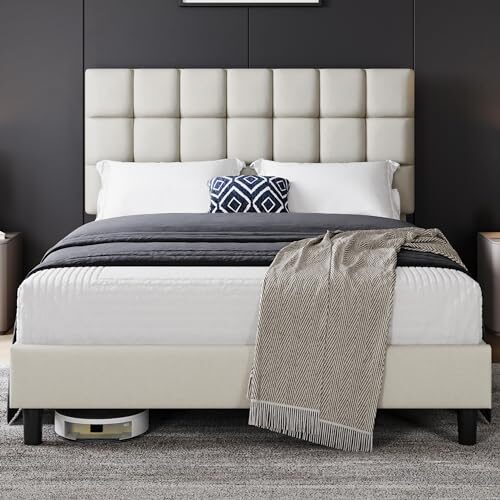 Yaheetech Polsterbett 140 x 200 cm Doppelbett mit Höhenverstellbarem Kopfteil, Stabiler Bettrahmen Stoffbett mit Lattenrost, Gepolstertes Bettgestell Bett, Beige