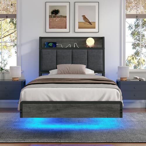 KIMENICH Bett 90 x 200, Bett mit LED-Beleuchtung, Polsterbett 90x200, Schwebender visueller Effekt, Ladestation, Bettgestell mit Lattenrost, für Schlafzimmer, Gästezimmer, Leinenstoff Grau