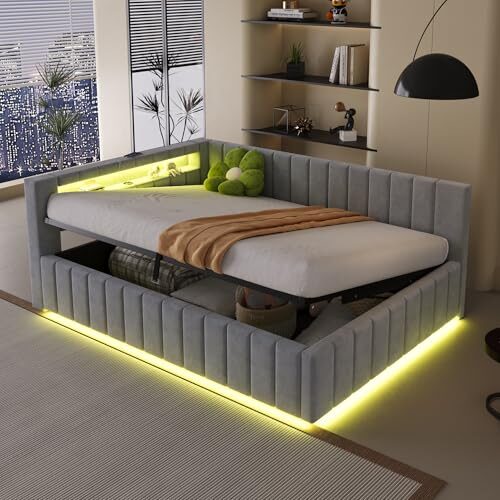 Huayz Polsterbett Schlafsofa 140x200, Doppelbett mit Hydraulischem Stauraum, mit LED-Licht und USB-Ladefunktion, Tagesbett Jugendbett mit Lattenrost, Samtstoff, ohne Matratze (Hellgrau)