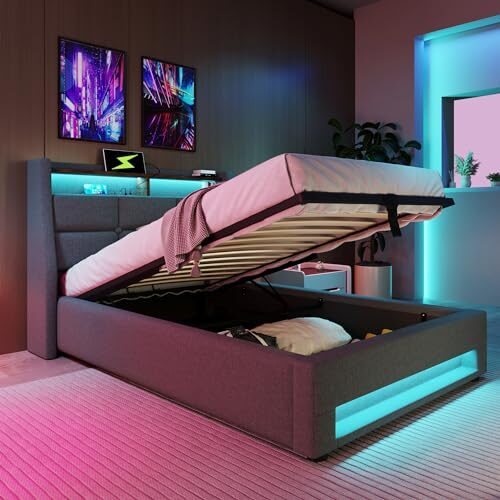 KUAKE Polsterbett 90x200 cm, Einzelbett mit Stauraum und Lattenrost, LED Kopfteil mit USB Ladefunktion, Stauraumbett Funktionsbetten Rückenlehne Bettgestell, Leinen (Grau, 90x200cm)