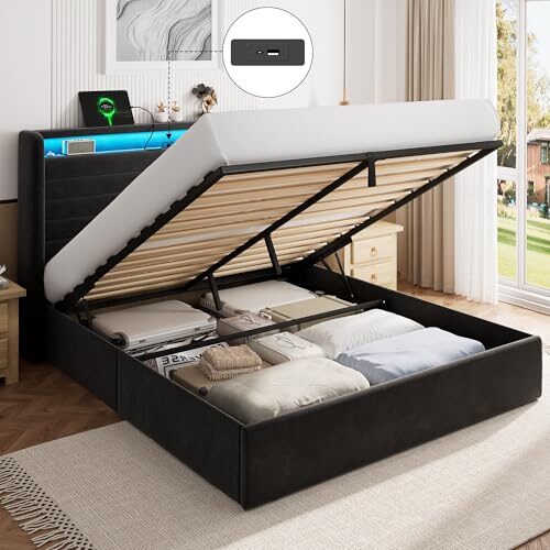 FEONASE Bett 180x200 mit Stauraum, Polsterbett 180x200 cm mit LED-Beleuchtung & Ladestation, Bettgestell mit Hydraulischem und Velous Kopfteil Stauraum, Lattenrost, Ohne Matratze, Dunkelgrau