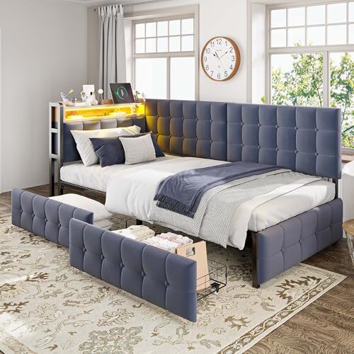 Polsterbett Schlafsofa 90x200, Einzelbett mit 2 Schubladen, LED-Licht und USB Typ-C Ladefunktion, Funktionsbett Jugendbett Bettgestell Sofabett mit Metall Lattenrost, Samt, Ohne Matratze, Dunkelgrau