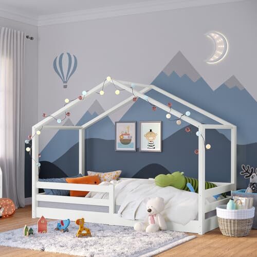 Bellabino Abia Kinderbett 90x200 cm – Hausbett mit Rausfallschutz & Lattenrost – Montessori Bodenbett aus Massivholz Kiefer – Kinder Bett in Weiß für Jungen und Mädchen