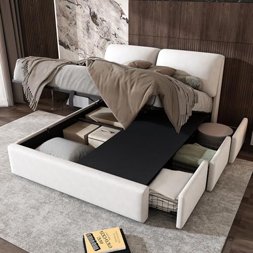 LAKFEW Polsterbett 140x200 cm, Doppelbett mit Hydraulischem Stauraum, Funktionsbett mit 3 Schublade und Kopfteil, Stauraumbett Bettgestell mit Lattenrost, Ohne Matratze, Samt, Weiß